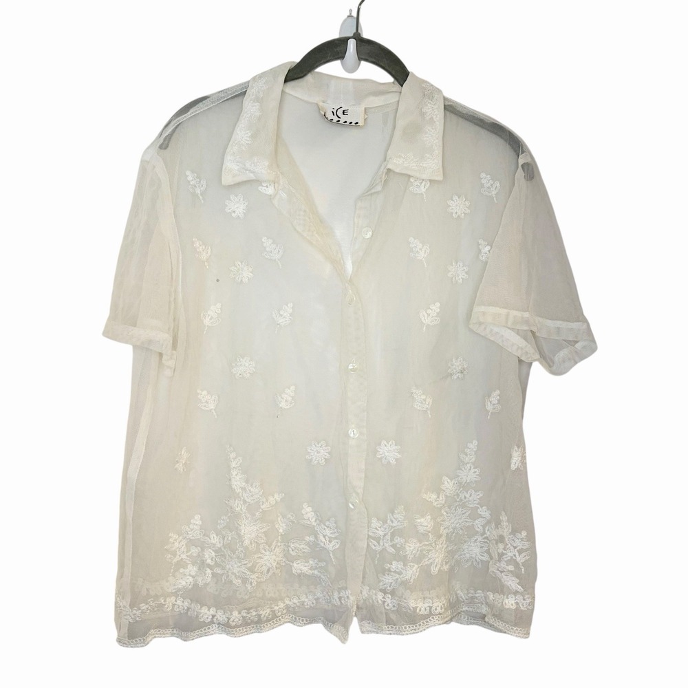 Y2K Ice Floral Embroidered Sheer Button Blouse Fairy Whimsygoth Boho White XL